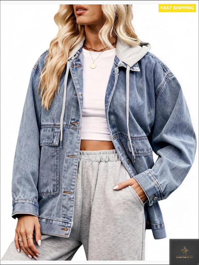 Oversized Denim Jacket With Detachable Hood Long Sleeve Casual Button Down